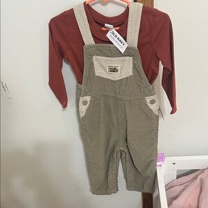Old Navy Olive Corduroy Overalls with Rust Long-Sleeve Top